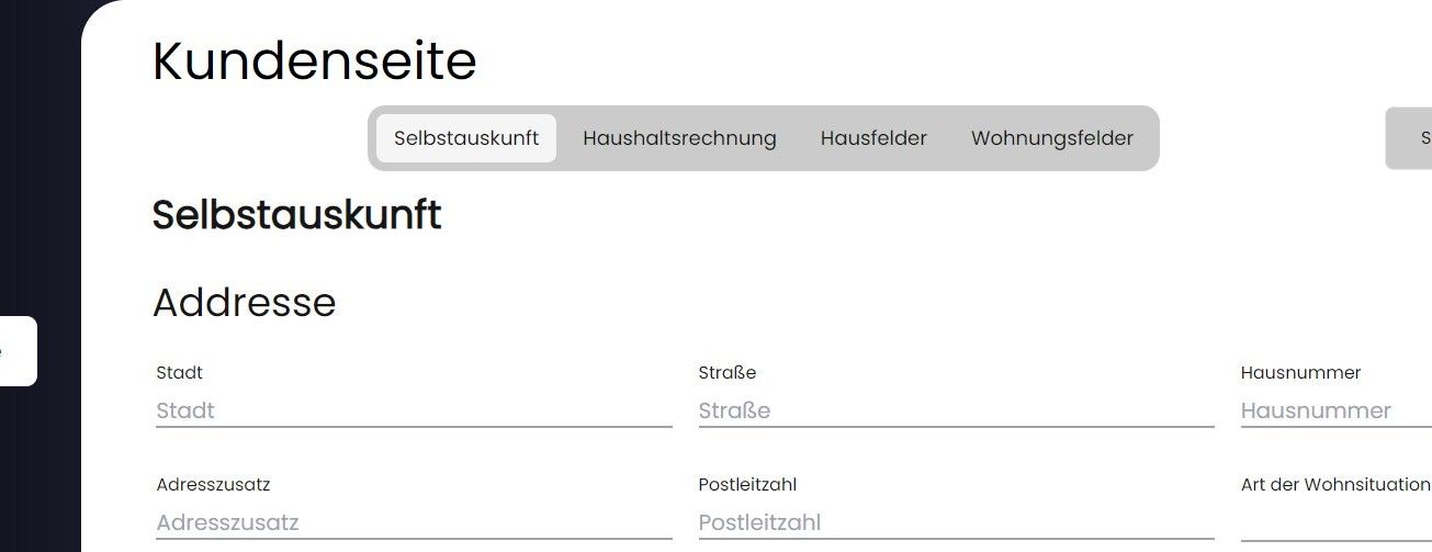 Navigationsleiste für die Unterseiten der Kundenseite