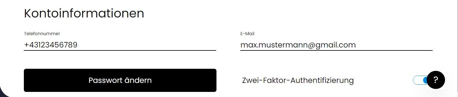 Kontoinformationen auf der Profil Seite